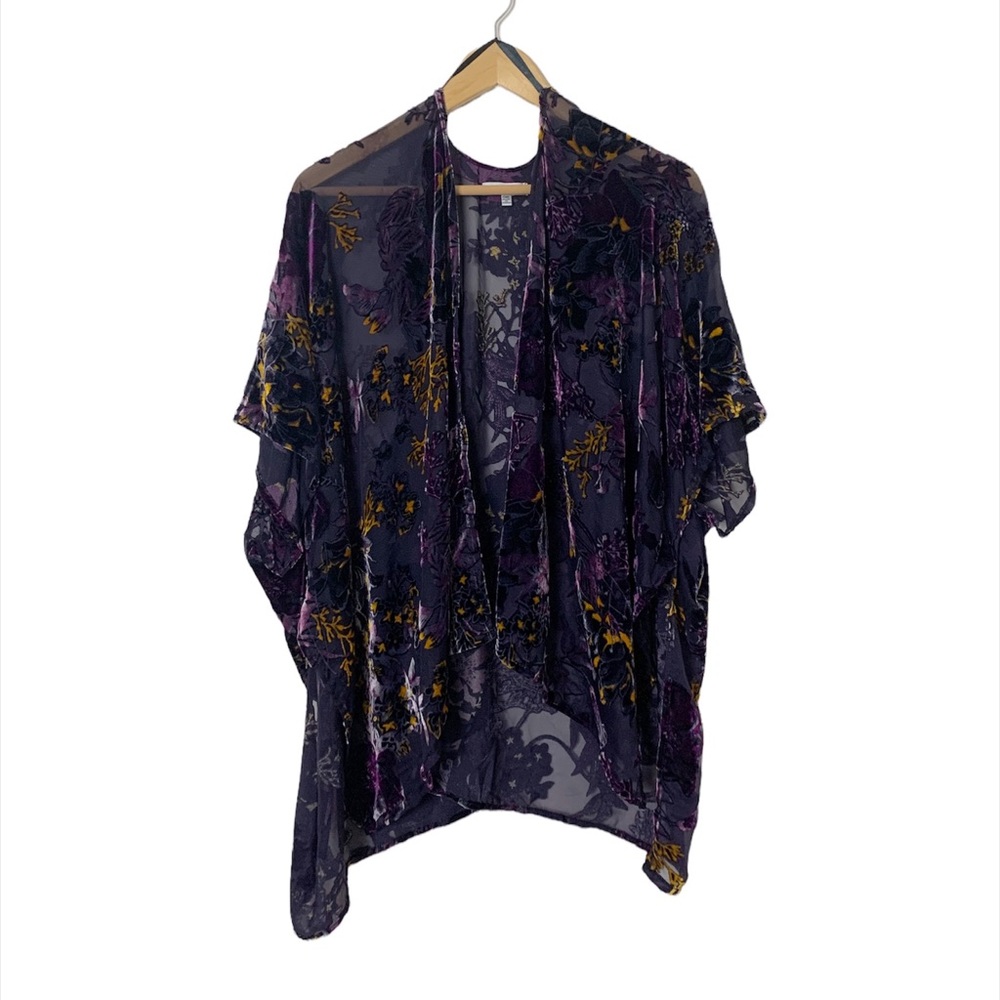 Woven Heart Burnout Velvet Kimono Shrug One Size Purple
